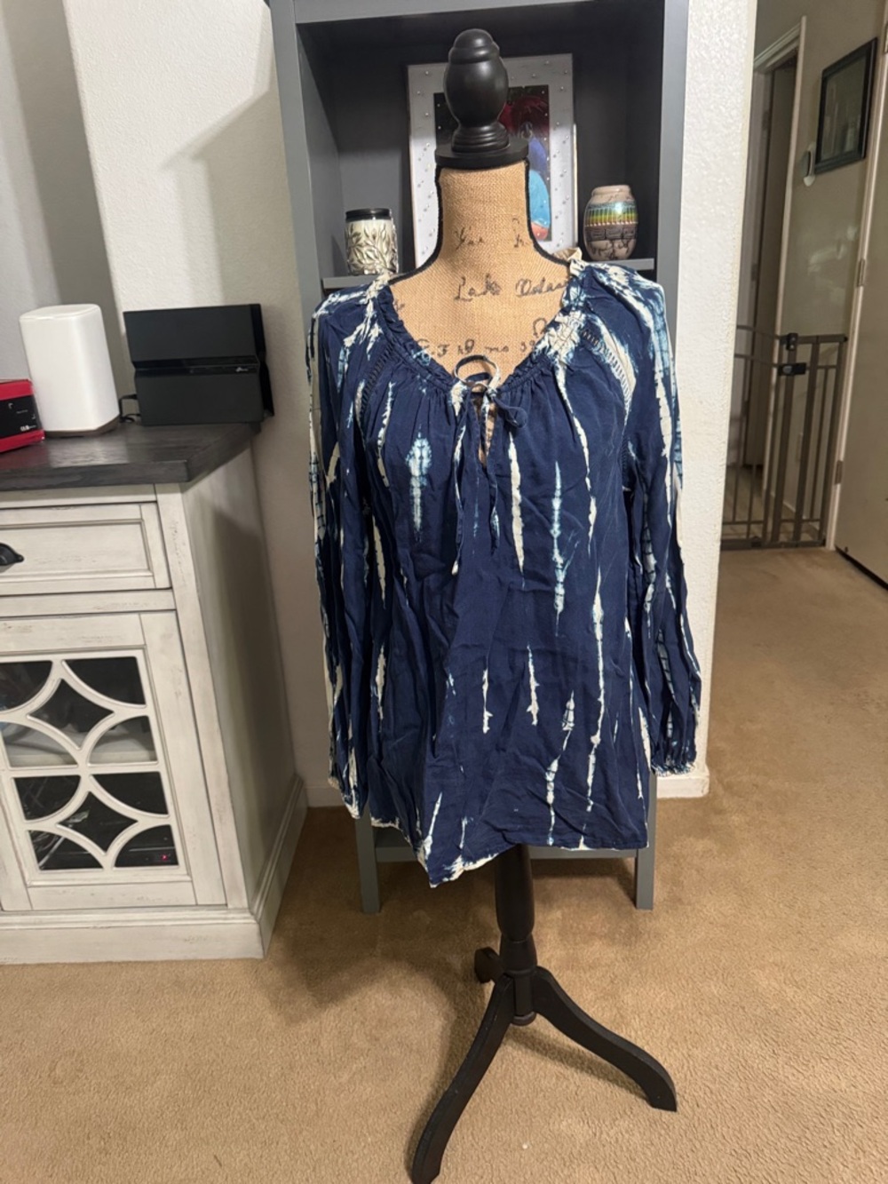 Knox Rose Navy Blue Tie-Dye Peasant Blouse Size M